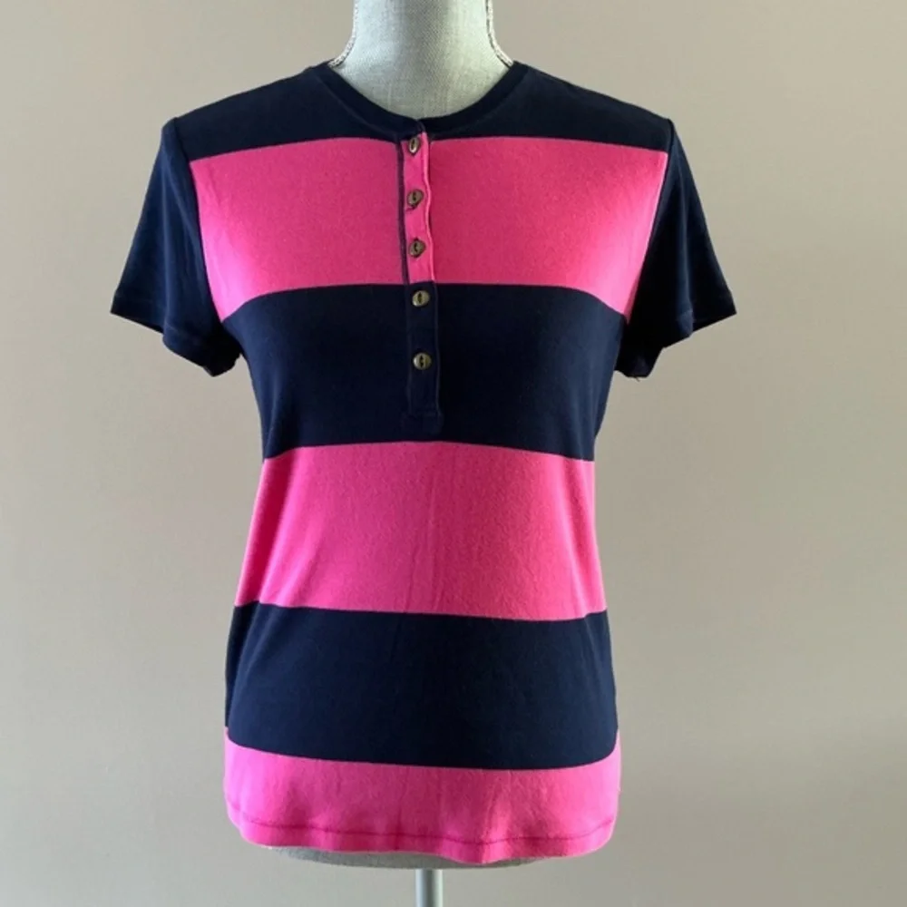 Y2K Lauren Ralph Lauren pink navy striped henley tee T-shirt women’s top size MP